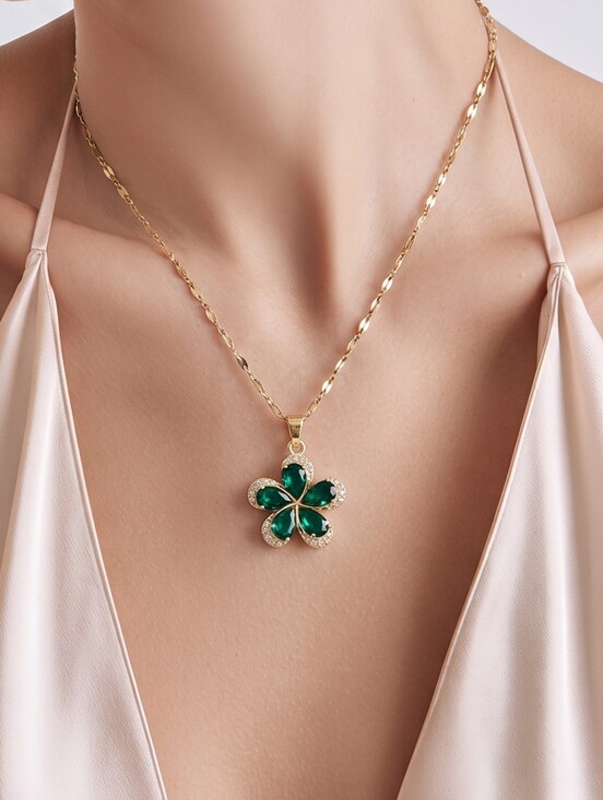 Katz XOXO Boutique Jewelry - Emerald Green CZ Flower Necklace Gold Plated May Birthstone Floral Pendant Gift